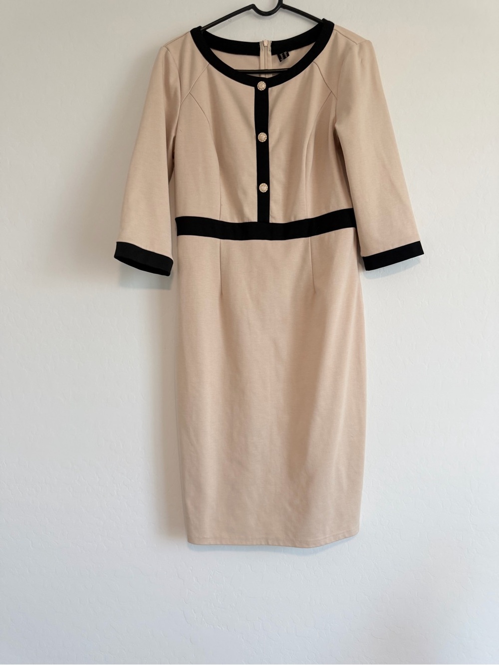 VfEmage Beige Sheath Dress with Black Trim